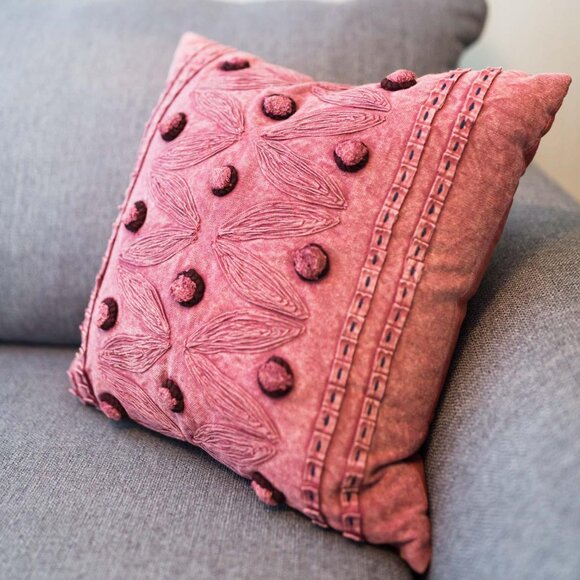 Pom Pom Throw Pillow, Faded Red, 20x20 - Picture 1 of 6